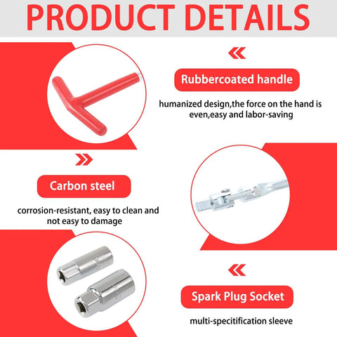 Diagram showing product details of Universal Spark Plug Socket Wrench Set With T Handle, carbon steel, rubber-coated handle.
