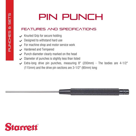 Extra Long Pin Punch With Knurled Grip For Driving Pins In Or Out Of A Workpiece Heavy Duty Hardened And Tempered Steel Eight Inch Length Diameter One Eighth Inch Rugged Shop Tool with specifications
