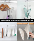 Heavy Duty Stainless Steel Hanging Shoe Rack With Double Nonslip Hooks To Keep Your Kicks Secure And Tidy showcasing shoes and slippers in a closet.