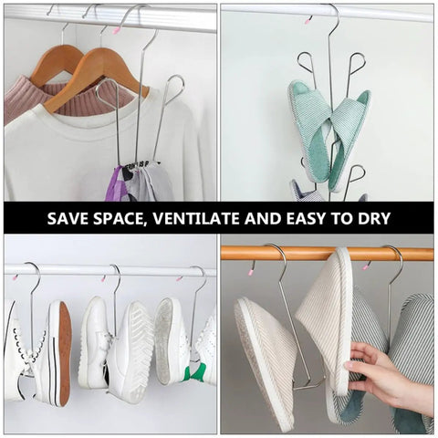 Heavy Duty Stainless Steel Hanging Shoe Rack With Double Nonslip Hooks To Keep Your Kicks Secure And Tidy showcasing shoes and slippers in a closet.