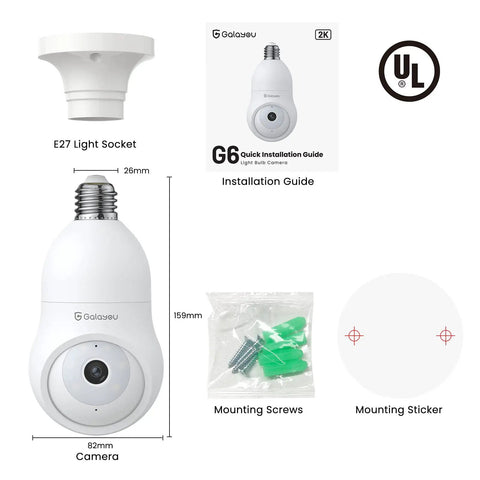 Components of 2K Light Bulb Security Camera Wireless Outdoor Bulb Cam For Home Security with E27 socket, guide, and screws