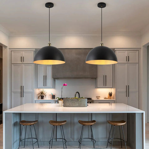 Dope Retro Industrial Dome Pendant Light In Matte Black With Gold Interior over kitchen island with stools and cabinets