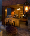 Pack Of 2 Vintage Rustic Lantern Lamps With Edison LED Bulbs, outdoor view with lantern glowing, 12 inch tall