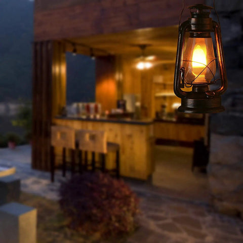 Pack Of 2 Vintage Rustic Lantern Lamps With Edison LED Bulbs, outdoor view with lantern glowing, 12 inch tall
