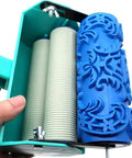 The OG Decorative Texture Paint Roller With Interchangeable Pattern Design Imprint Brush For Walls Ceilings Wood Furniture And Fabric Quick Dry finishing tool with blue textured roller.