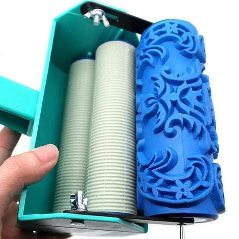 The OG Decorative Texture Paint Roller With Interchangeable Pattern Design Imprint Brush For Walls Ceilings Wood Furniture And Fabric Quick Dry finishing tool with blue textured roller.