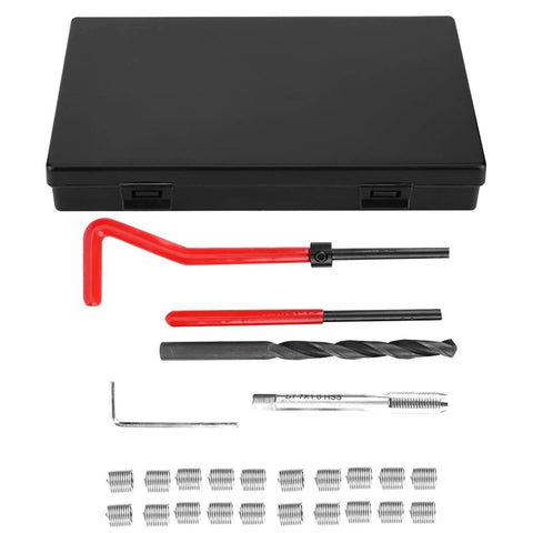 Beefed Up Thread Repair Kit M7x1 Stainless Steel 25 Piece Set For Fixing Damaged Threads In Aluminum And Soft Metals Reinforces Holes With Stainless Inserts Quick Fit Reusable Fastening Solution, case and tools