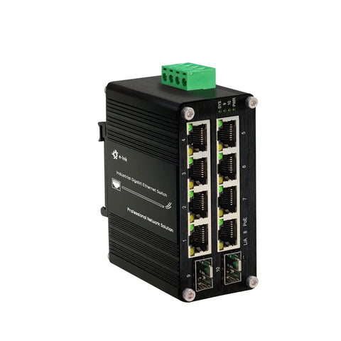 Beefy Rugged 8-Port Gigabit PoE Fiber Switch With PoE Plus, Dual SFP Slots, DIN Rail Mounted, front view.