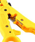 Close-up of yellow coax cable wire stripper cutter with adjustable blade and reversible cassette for RG59, RG6, RG7, RG11 cables.