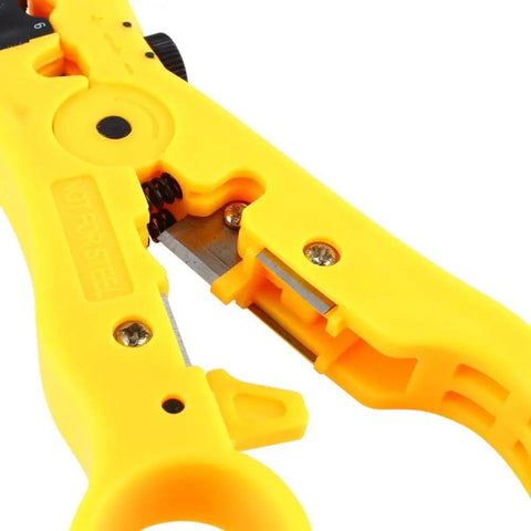Close-up of yellow coax cable wire stripper cutter with adjustable blade and reversible cassette for RG59, RG6, RG7, RG11 cables.