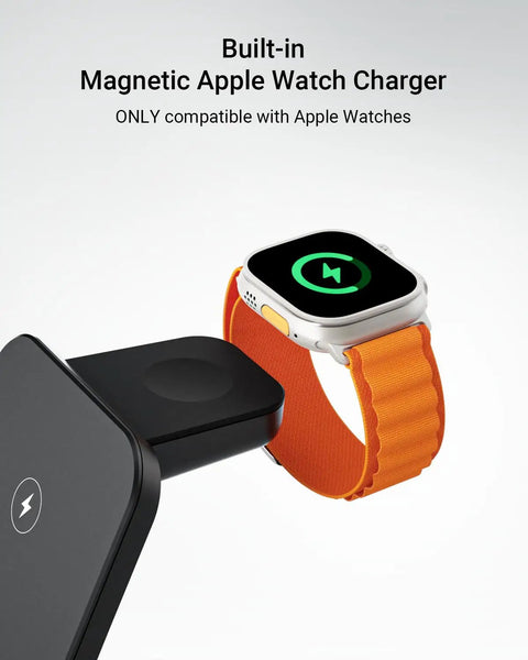 Wireless Charger For Thick 10mm Cases OtterBox Heavy Duty 3 In 1 Charging Dock with Apple Watch charging, side view.