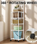 The Real Deal Five Tier Storage Rack Heavy Duty Metal Shelving Unit With Smooth Rolling Casters Rust Resistant Black Finish Built Tough For Zero Hassle Garage And Versatile Organization with 360 degree rotating wheel.