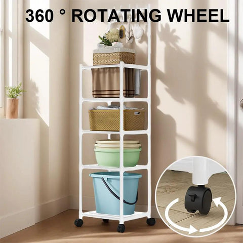 The Real Deal Five Tier Storage Rack Heavy Duty Metal Shelving Unit With Smooth Rolling Casters Rust Resistant Black Finish Built Tough For Zero Hassle Garage And Versatile Organization with 360 degree rotating wheel.