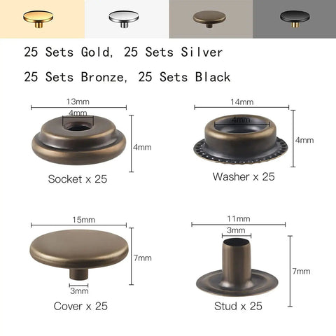 Leather Snap Fastener Kit 100 Sets Five Eighth Inch 15mm Snap Buttons For Leather Bags Jeans Clothes And Fabric Anti Rust Finish Includes Gold Silver Bronze Black Colors And 3 Installation Tools For Easy DIY Repairs