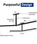 Diagram of 2 Pack Double Arm Overhead Ladder Rack For Garage Ceiling Storage, steel design with 71.5-inch arms, adjustable height.