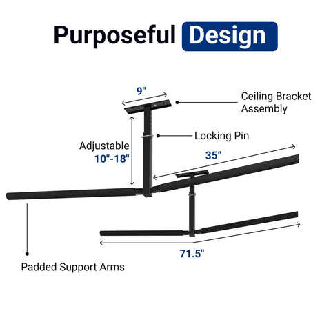 Diagram of 2 Pack Double Arm Overhead Ladder Rack For Garage Ceiling Storage, steel design with 71.5-inch arms, adjustable height.