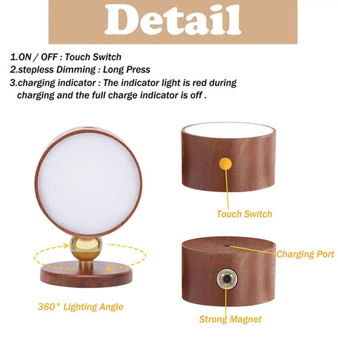 Solid Wood Wall Sconce Lamp With Magnetic 360 Degree Rotation, Cordless Rechargeable LED, Dimmable Touch Control details
