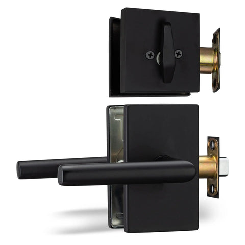 Passage Lever Door Handle Set With Single Cylinder Deadbolt Lock In Iron Black Finish for heavy duty security hardware display