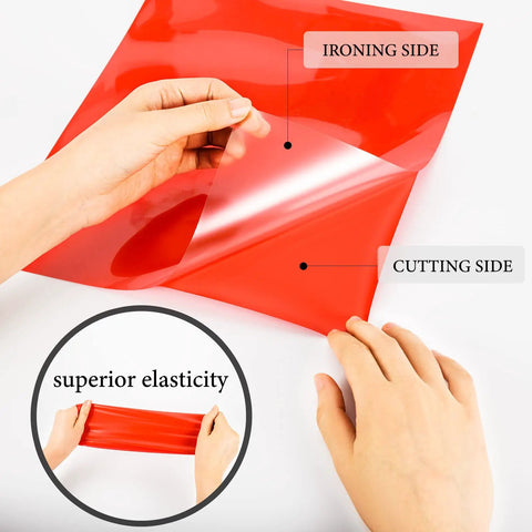 Hands peeling red HTV Heat Transfer Vinyl Bundle For T Shirts 10x12 Inch Sheets 12 Pack In 9 Assorted Colors Ideal For Cricut Silhouette Cameo And Heat Press Machines Includes Teflon Sheet For Easy Iron On showing ironing and cutting side with circle highlighting elasticity.