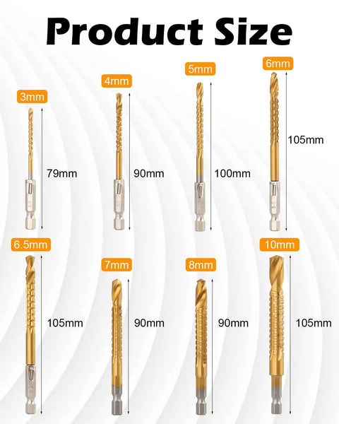 Titanium Coated HSS Twist Drill Bits Set, 8 Piece Hex Shank With Serrated Cutting, Sizes 3mm To 10mm, displayed vertically