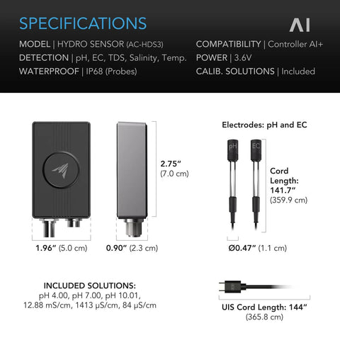 Specifications of Smart Hydro Sensor for AI Controller Environmental Monitor for pH EC TDS and Water Temperature Twenty Four Seven Automatic Adjustments.