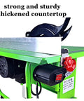 Close-up of Portable Benchtop Table Saw With 800W Powerhouse Motor, with thickened countertop and adjustable components.
