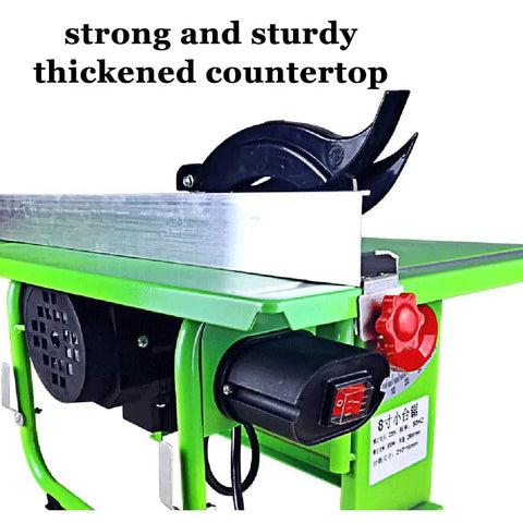 Close-up of Portable Benchtop Table Saw With 800W Powerhouse Motor, with thickened countertop and adjustable components.