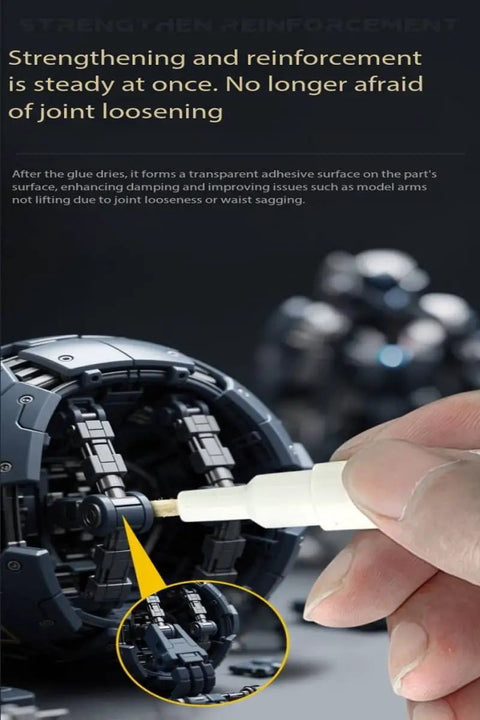 Action Figure Joint Reinforcement Glue Pen for Model Kits Toy Repair in use on wobbly action figure limbs for quick fixes.