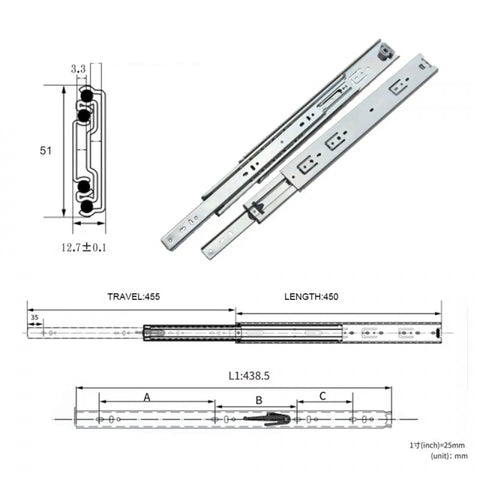 Beefy 51mm Galvanized Steel Drawer Slide, Concealed Telescopic Rails, industrial grade, measurements and design details