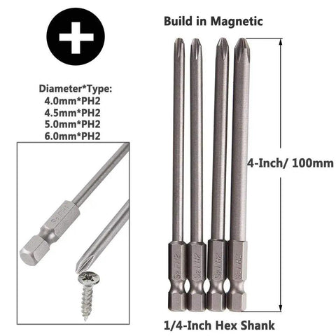 4-In-1 Magnetic Screwdriver Bit Set, 16-Piece With 1/4 Inch Hex Shank, includes four precision magnetic Phillips bits