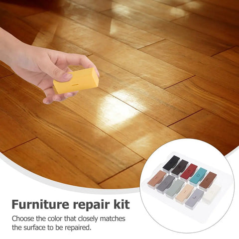 Wood Floor Repair Kit With Wax Blocks For Quick Scratch Fixes On Hardwood Vinyl And Laminate Surfaces For An Easy Portable Restoration Tool For Home Repairs And Touch Ups, showing a hand using a yellow wax block on a wooden floor.