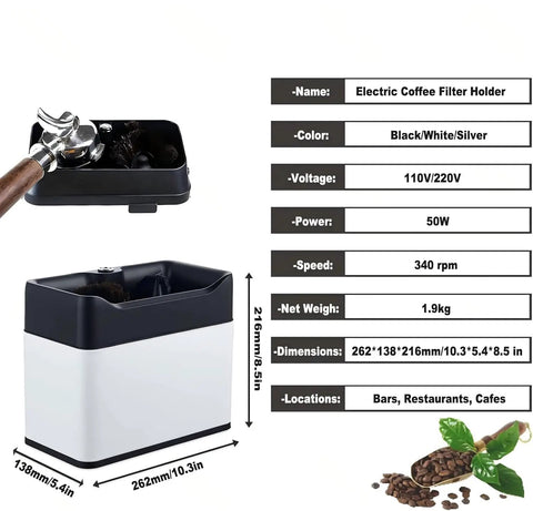 Game Changer Electric Espresso Knock Box And Automatic Portafilter Cleaner With Dual Scrubbers For No Sweat Coffee Ground Cleanup, compact design with portafilter and brushes.