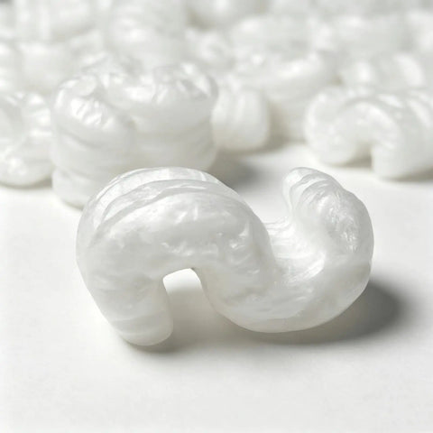 Close-up of Boss Level Anti Static Packing Peanuts, lightweight void cushion material for shipping and moving, 30 gallon bag.