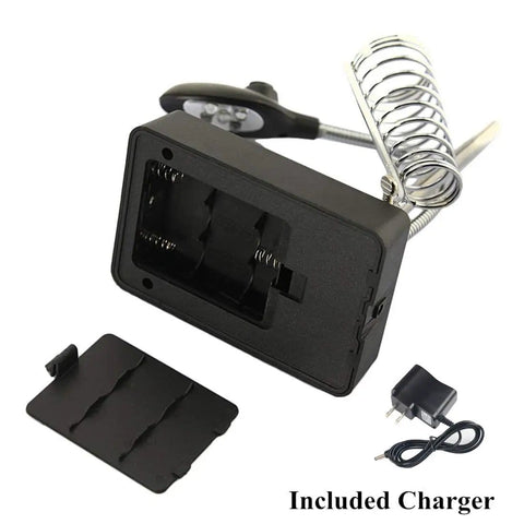 Bottom view of 2.5X 7.5X 10X LED Light Helping Hands Magnifier Soldering Station with accessory storage and included charger
