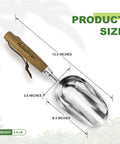 Heavy Duty Bend Proof Stainless Steel Potting Scoop With 1 Cup Capacity Large Volume Garden Hand Shovel Wood Handle Dirt Trowel For Transplanting Cultivation Composting And Planting shown with dimensions
