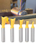 Pro Grind Five Piece Dovetail Router Bit Set delivers slick cuts for cabinets door frames and ceiling lines, showcasing five yellow-tipped bits.