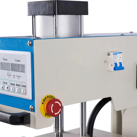 Pro Grade 16x24 Dual Platen Heat Press Machine With Pneumatic Digital Sublimation And Htv Tshirt Setup control panel with emergency stop and timer display.