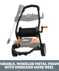 1600 PSI Electric Pressure Washer With Rolling Cart showing durable wheeled metal frame and onboard hose reel