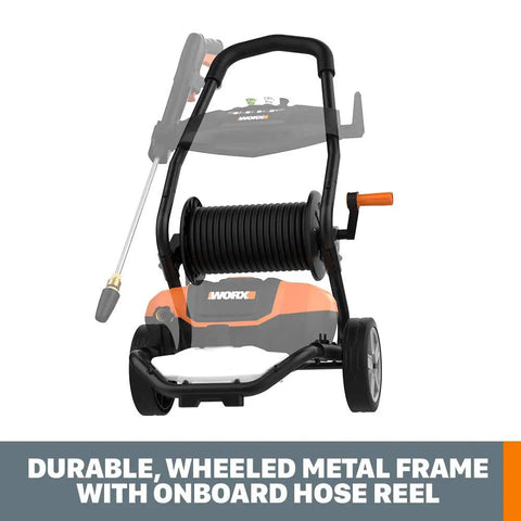 1600 PSI Electric Pressure Washer With Rolling Cart showing durable wheeled metal frame and onboard hose reel