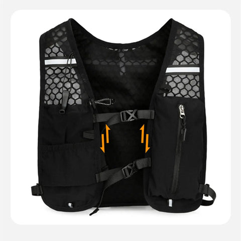 Front view of a Hydration Pack For Hiking And Snowboarding With 5L Capacity, breathable mesh, adjustable straps, reflective strips, lightweight.