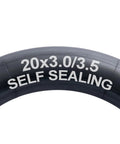 Close-up of the Two Pack Self Sealing Fat Bike Inner Tubes For 20 By 3.0 And 3.5 Tires With 32mm Schrader Valve showing text "20x3.0/3.5 Self Sealing"