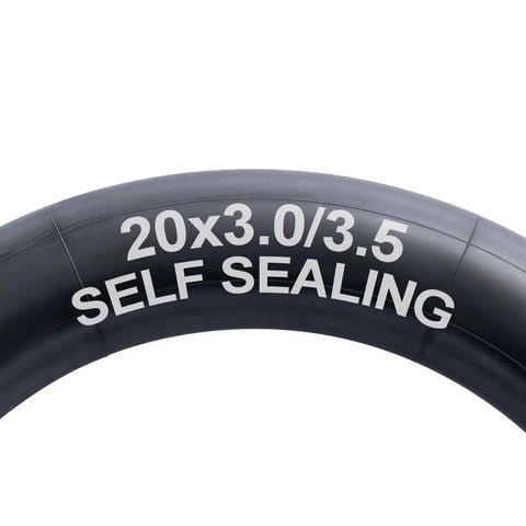 Close-up of the Two Pack Self Sealing Fat Bike Inner Tubes For 20 By 3.0 And 3.5 Tires With 32mm Schrader Valve showing text "20x3.0/3.5 Self Sealing"