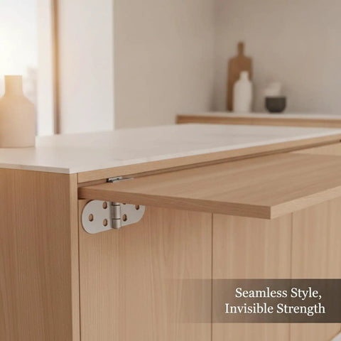 180 Degree Invisible Hinge For Fold Down Tables And Cabinet Doors Zinc Alloy Flush Mount Hardware in use on wooden panel