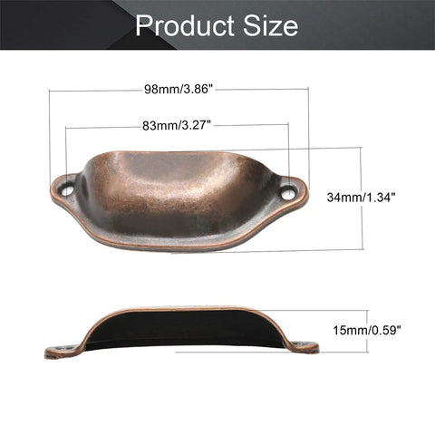 Top Shelf Vintage Shell Cabinet Pulls Slick Red Copper Finish For Kitchen Drawers And Dresser Doors Heavy Duty Iron Build 5 Piece Set For Quick Install Cabinet Hardware With Included Screws size measurements showing 98mm width.
