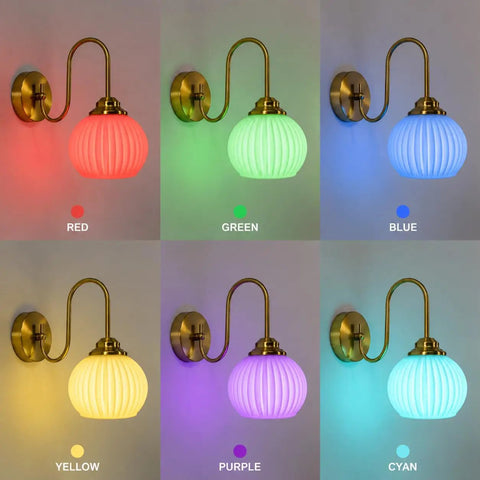 BOKT Ribbed Glass Battery Operated Wall Sconce Set of 2 with 12 RGB Colors in red, green, blue, yellow, purple, cyan.
