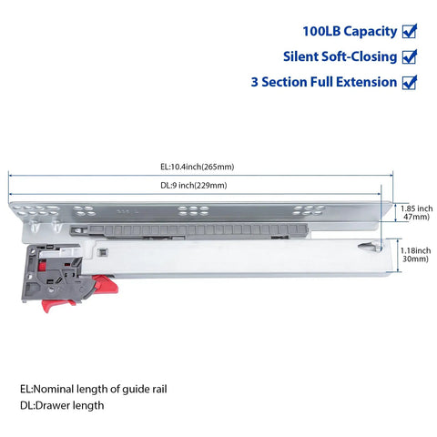 Heavy Duty Undermount Drawer Slides With Smooth As Butter Soft Close Hydraulics And Full Extension Pull Out Track shown in 9 inch length with dimensions.