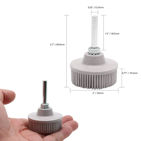 Two Pack White Bristle Discs 120 Grit, 2 Inch Abrasive Discs With 1/4 Shank For Rotary Tools shown with dimensions and hand for size