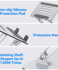 Adjustable Laptop Stand For Desk With Ergonomic Design, Ventilated Cooling, Foldable Metal Riser features non-slip pad, hook, and shaft longevity.