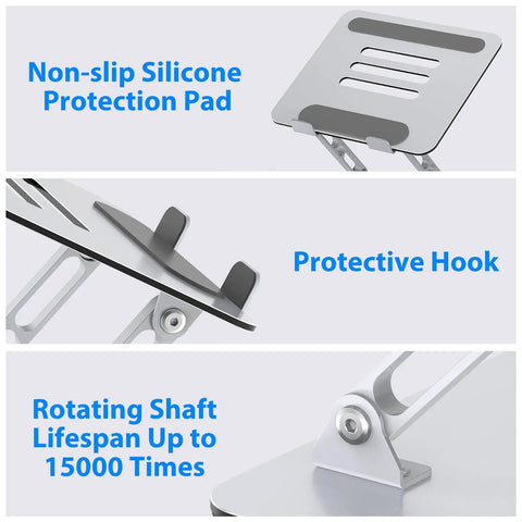 Adjustable Laptop Stand For Desk With Ergonomic Design, Ventilated Cooling, Foldable Metal Riser features non-slip pad, hook, and shaft longevity.