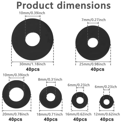 Diagram of Premium Rubber Washers Kit 240 Pcs Assorted Sizes 12mm to 30mm for bolts, faucets, garden hose, and shower heads.